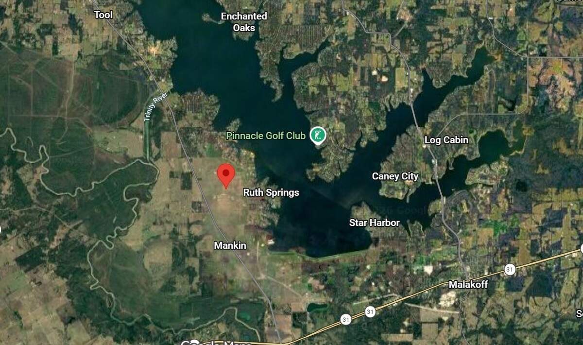A red pin marks the area where a developer wants to build a data center near Cedar Creek Lake. The site lies between the towns of Tool and Trinidad on State Highway 274. According to records, the data center could pull up to 5 million gallons of water per day from the lake if built.